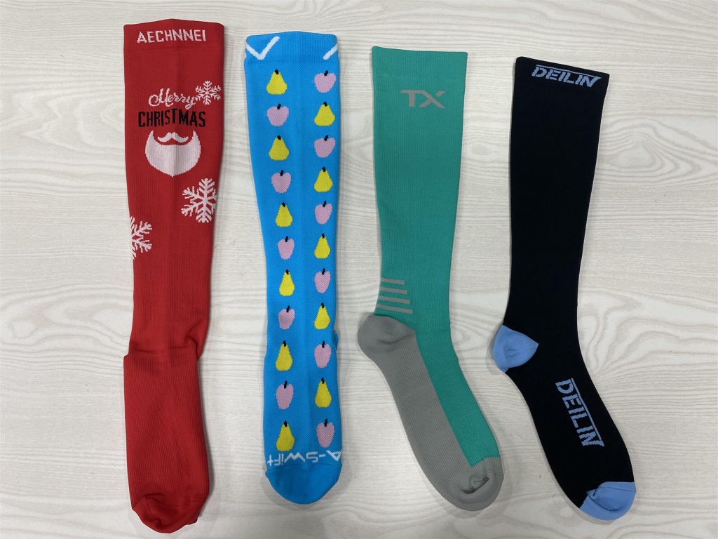 Logo position display on custom socks: on the cuff, calf, and foot.