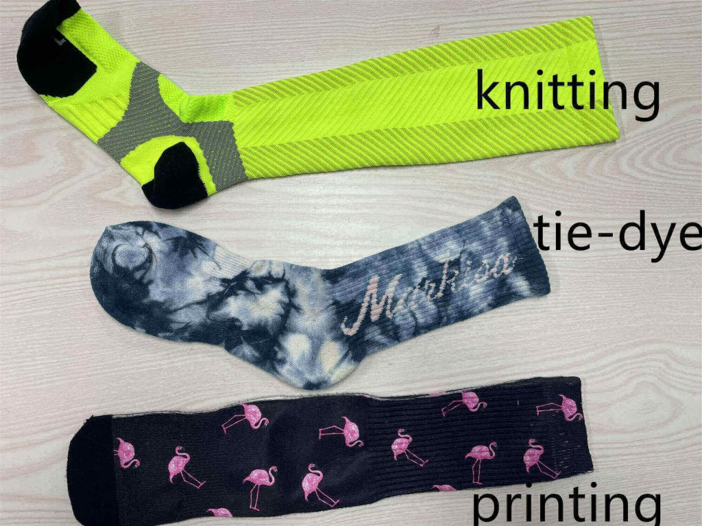 Different techniques for designing socks, including knitting and printing.