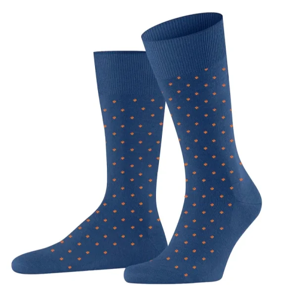 Pair of cool men's dress socks in blue with small orange polka dots