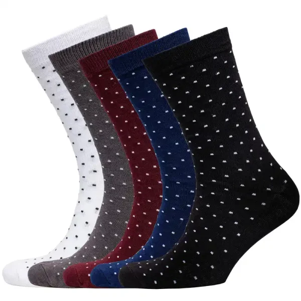 Five-pack of mens colorful dress socks in assorted colors with a pin dot pattern