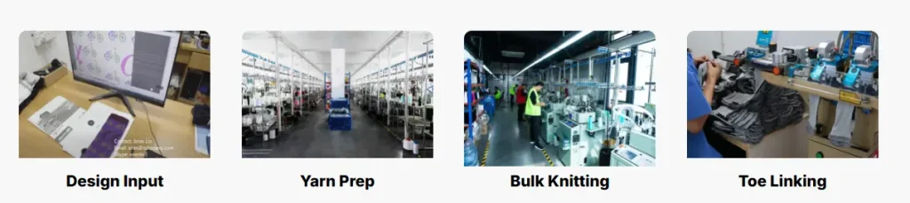 Traditional sock manufacturing process from knitting and toe linking to washing, boarding and packing