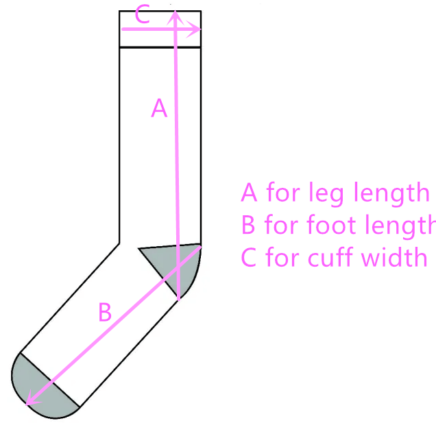 Crossover measurement guide for socks showing leg length, foot length, and cuff width.