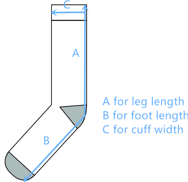 Fold measurement diagram for socks, indicating leg, foot, and cuff lengths.