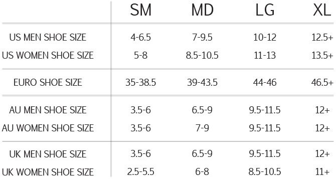 Size chart displaying shoe size conversions for US, Euro, AU, and UK.