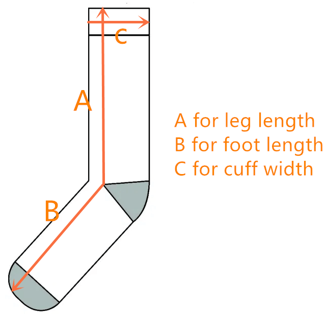 Central measurement guide for socks showing leg length, foot length, and cuff width.