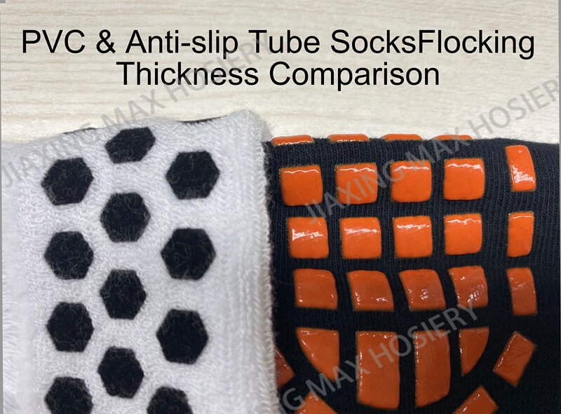 Close-up of PVC anti-slip tube socks flocking thickness comparison.