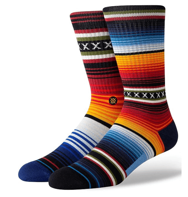 Stance logo on a pair of colorful striped crew socks.
