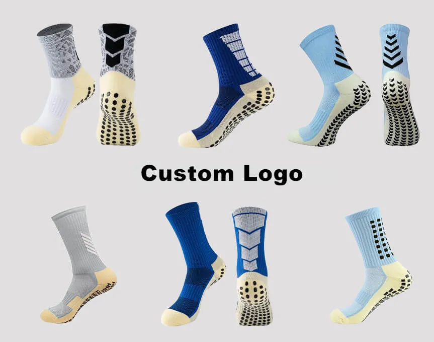 A collection of custom logo football socks by Max Hosiery, with anti-slip grips.