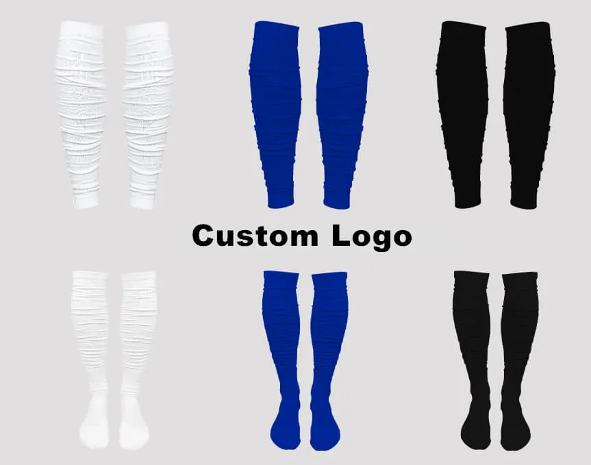 A variety of Max Hosiery scrunch socks in white, blue, and black for custom logo.
