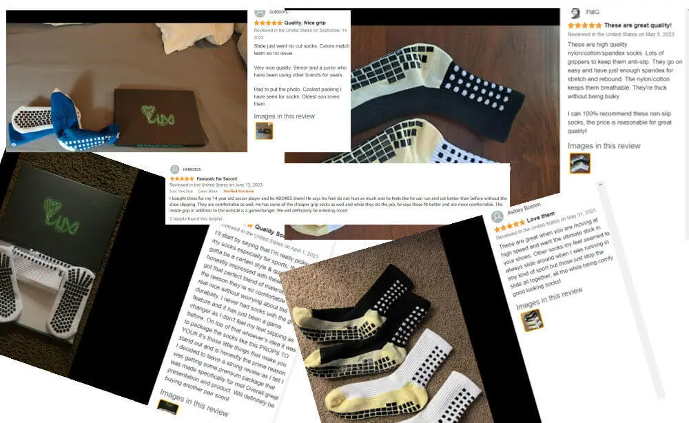 A collage of positive Amazon customer reviews for grip socks.