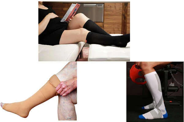Compression socks black pair worn while reading, legs resting on sofa