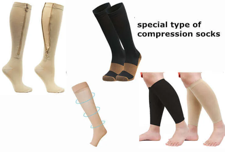 Compression socks variety display including zippered, calf sleeve and open-toe medical support styles.
