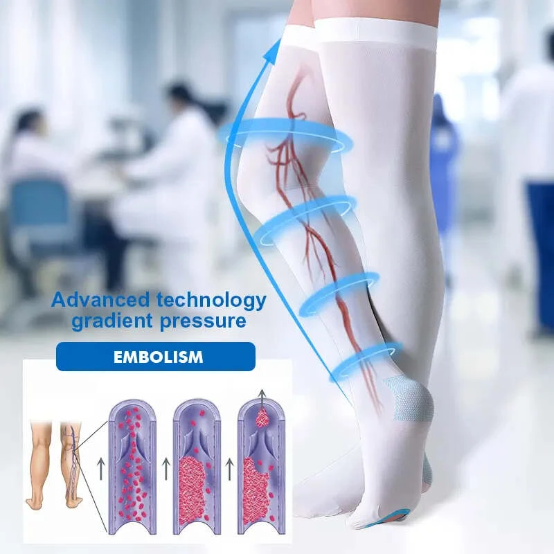 Custom anti embolism socks demonstrating gradient pressure to prevent embolism.