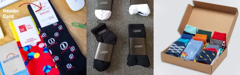 Band package, header card, and paper box for socks