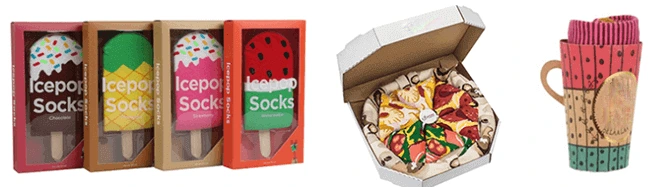 Personalized innovative sock packaging in popsicle, pizza, and mug designs.