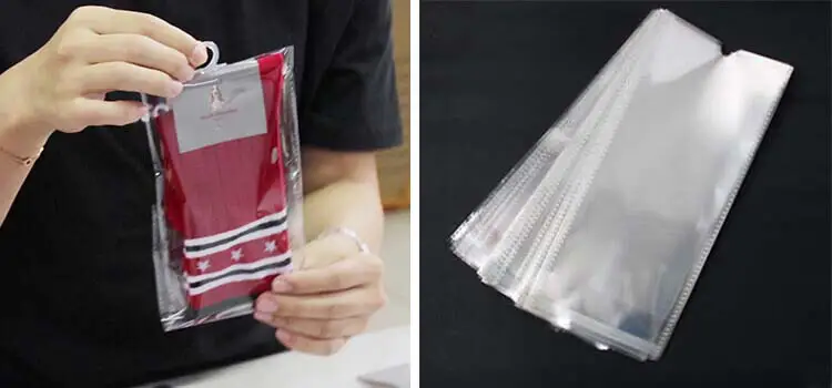 Self adhesive sock plastic packages, a single sock package and a stack of packages.
