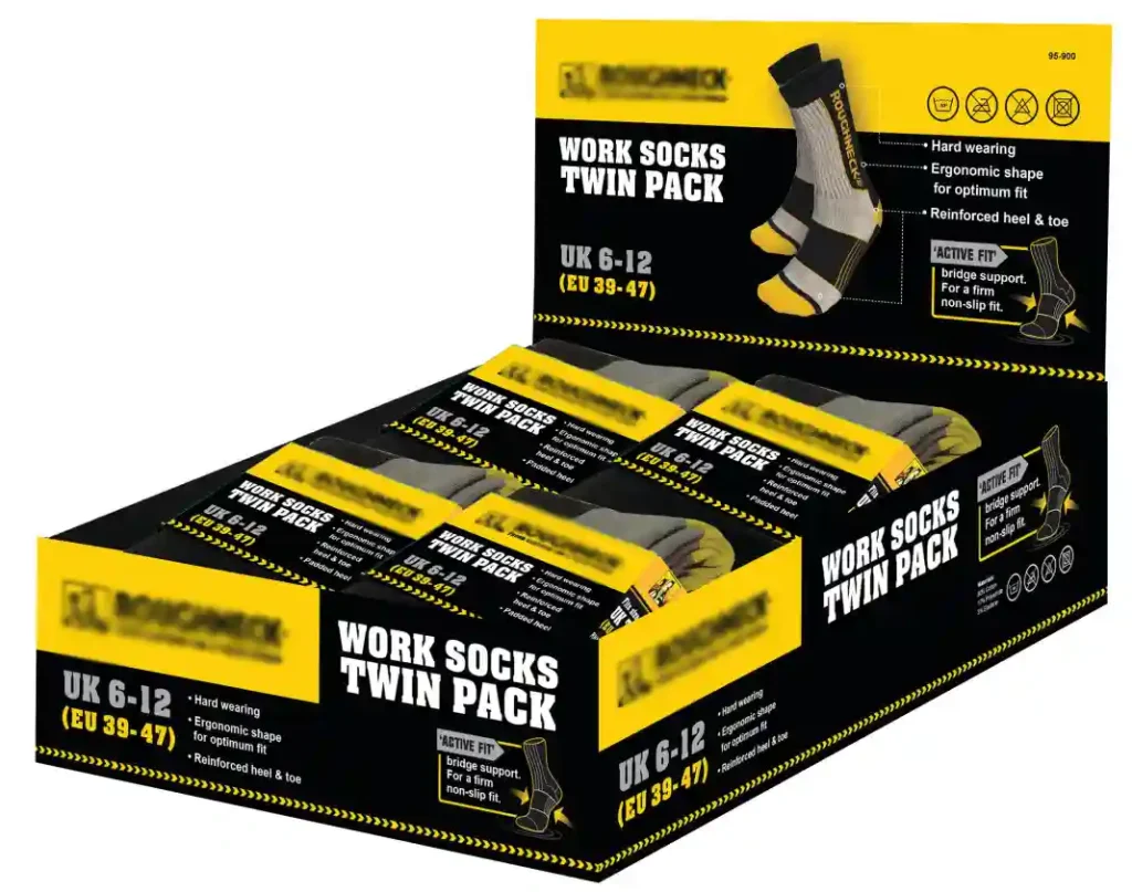 Sock packaging for supermarket and malls, featuring a bulk display of work socks.