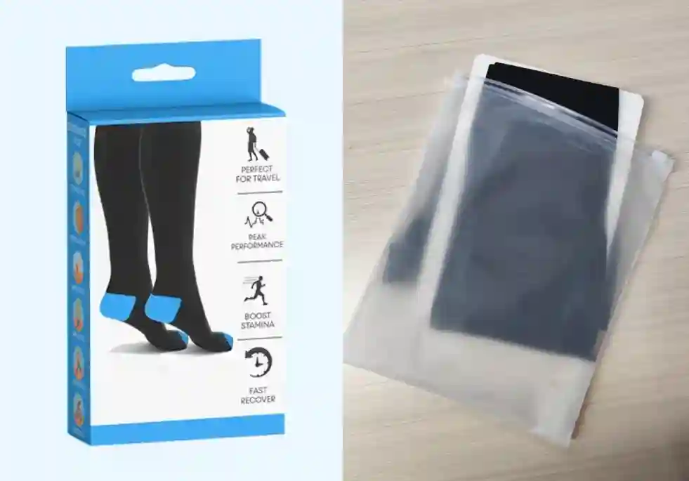 Stockings packagings showing both a box and a plastic bag option.