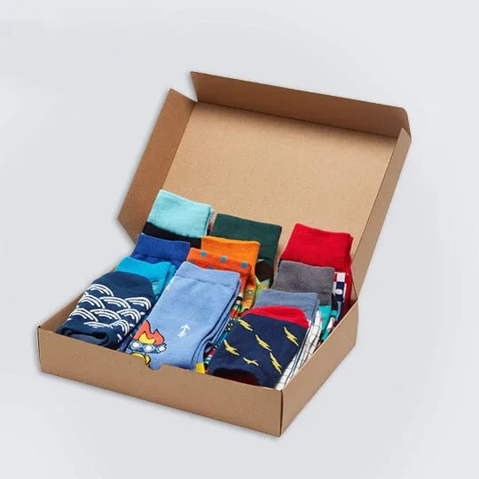 paper box package with various colorful socks
