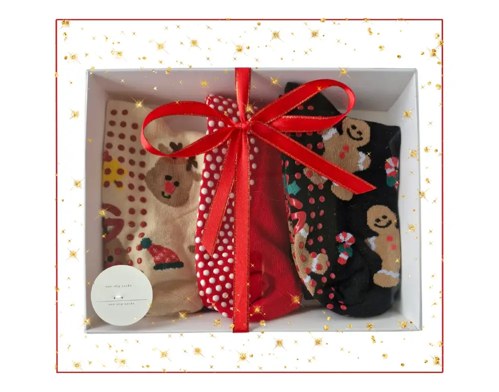 Custom grip socks as gift set with festive holiday patterns.
