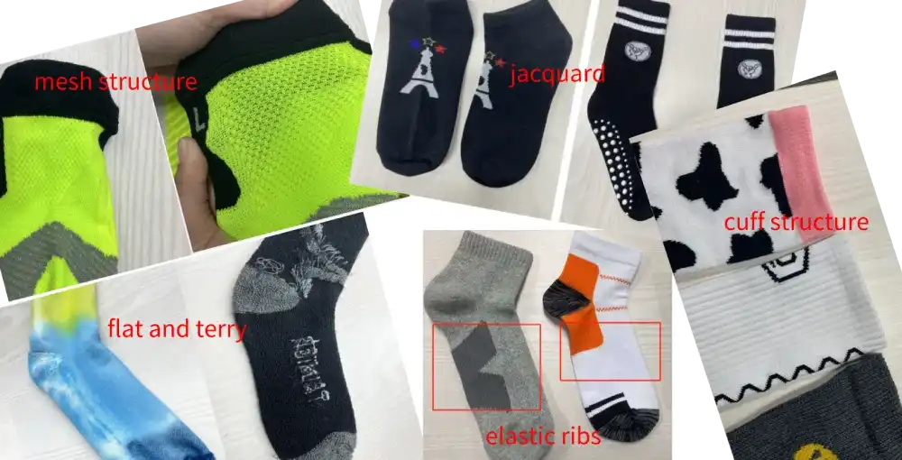 Custom sock structure examples: mesh, jacquard, cuff, terry, and elastic ribs.