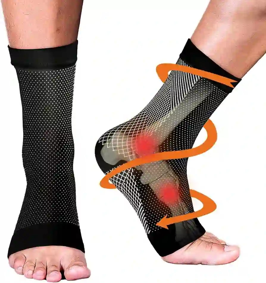Ankle compression socks for neuropathy, showing a black sock with a dotted pattern on a foot.