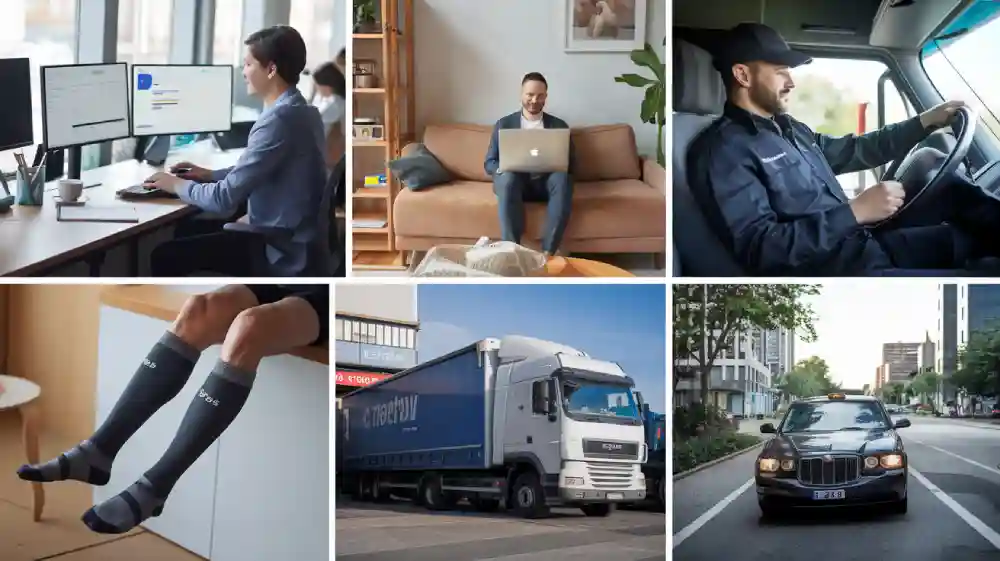 Application of compression socks for various activities like desk work and driving.