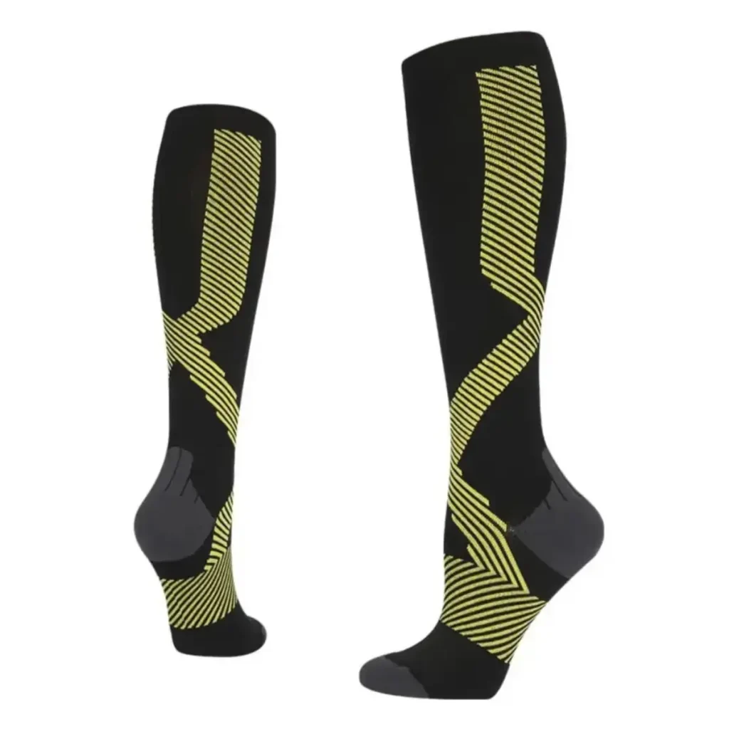 Black and green style compression socks with neon yellow stripes.