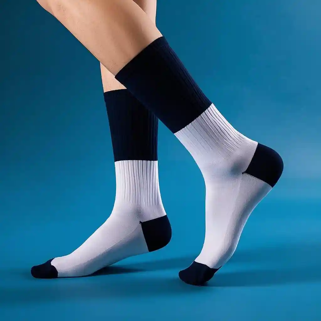 Flat feet with socks: view of foot arch while wearing athletic socks.