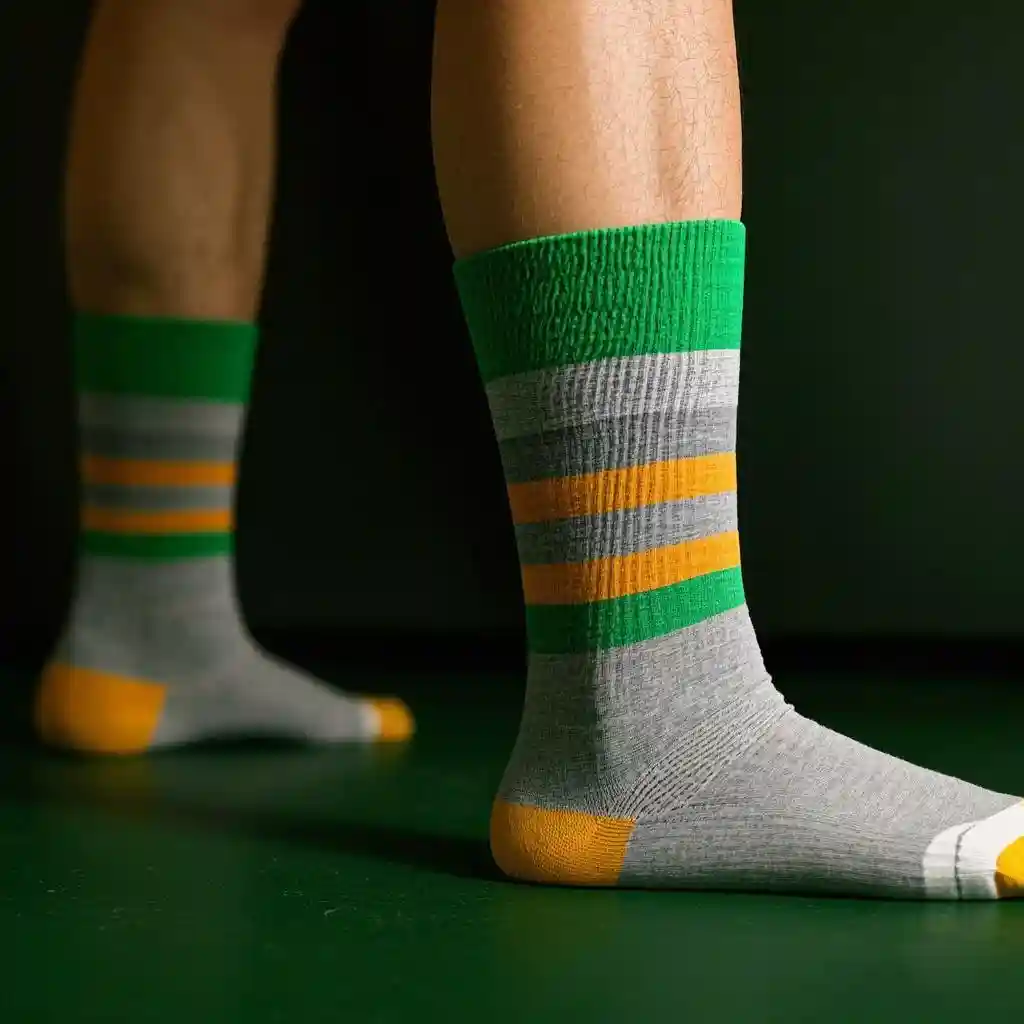 Flat feet with socks: person wearing striped grey and green socks.