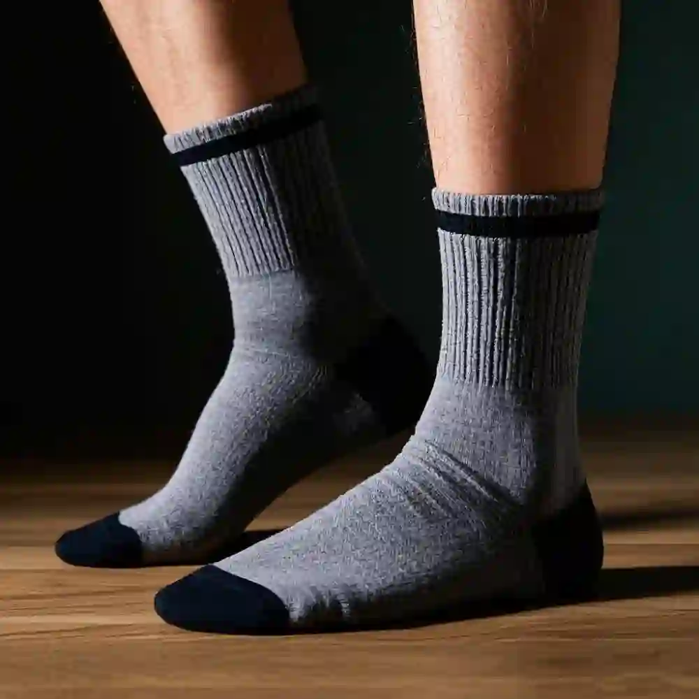 Flat feet: feet wearing dark grey and black socks.
