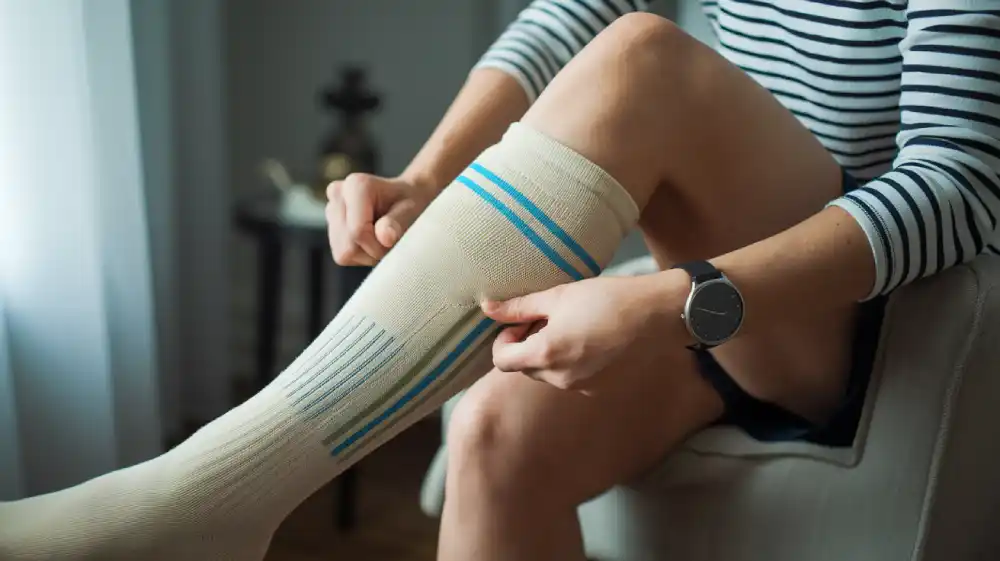 Step-by-step guide to wearing compression socks safely, including measuring legs, putting on in the morning, and avoiding folds