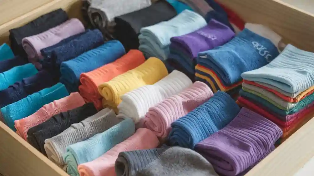 A drawer neatly organized for efficient storage sock solutions.