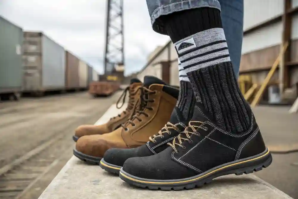 Socks for steel toe boots in black with gray stripes.