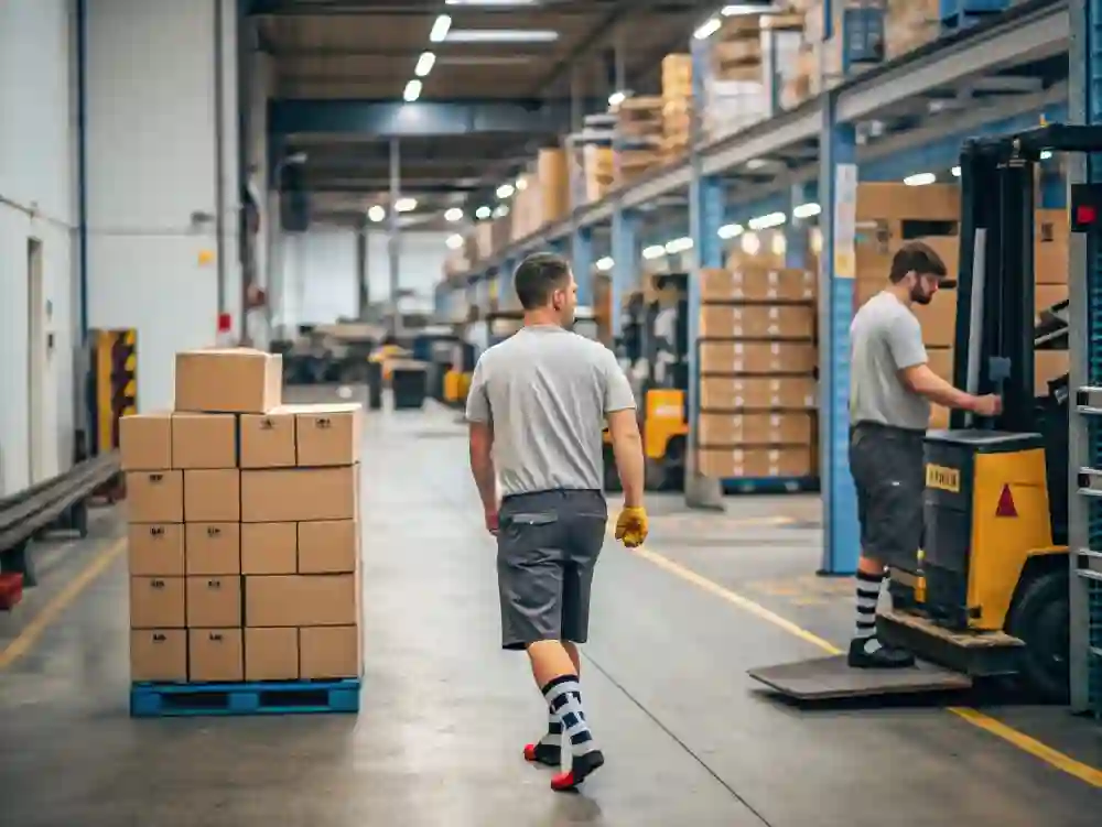 warehouse workers wearing work socks in factory