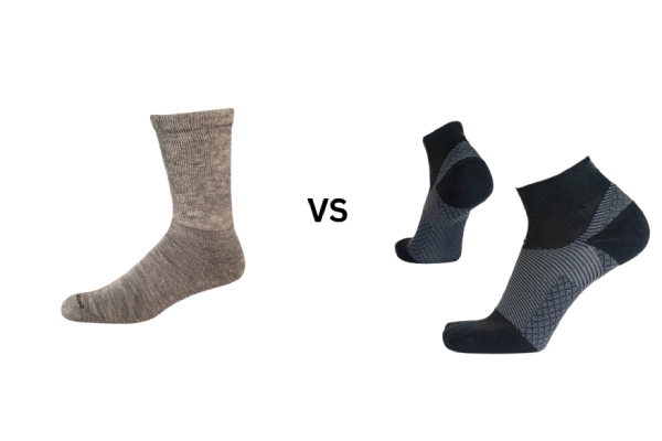 Side by side comparison of plantar fasciitis running socks and normal running socks showing support and cushioning differences
