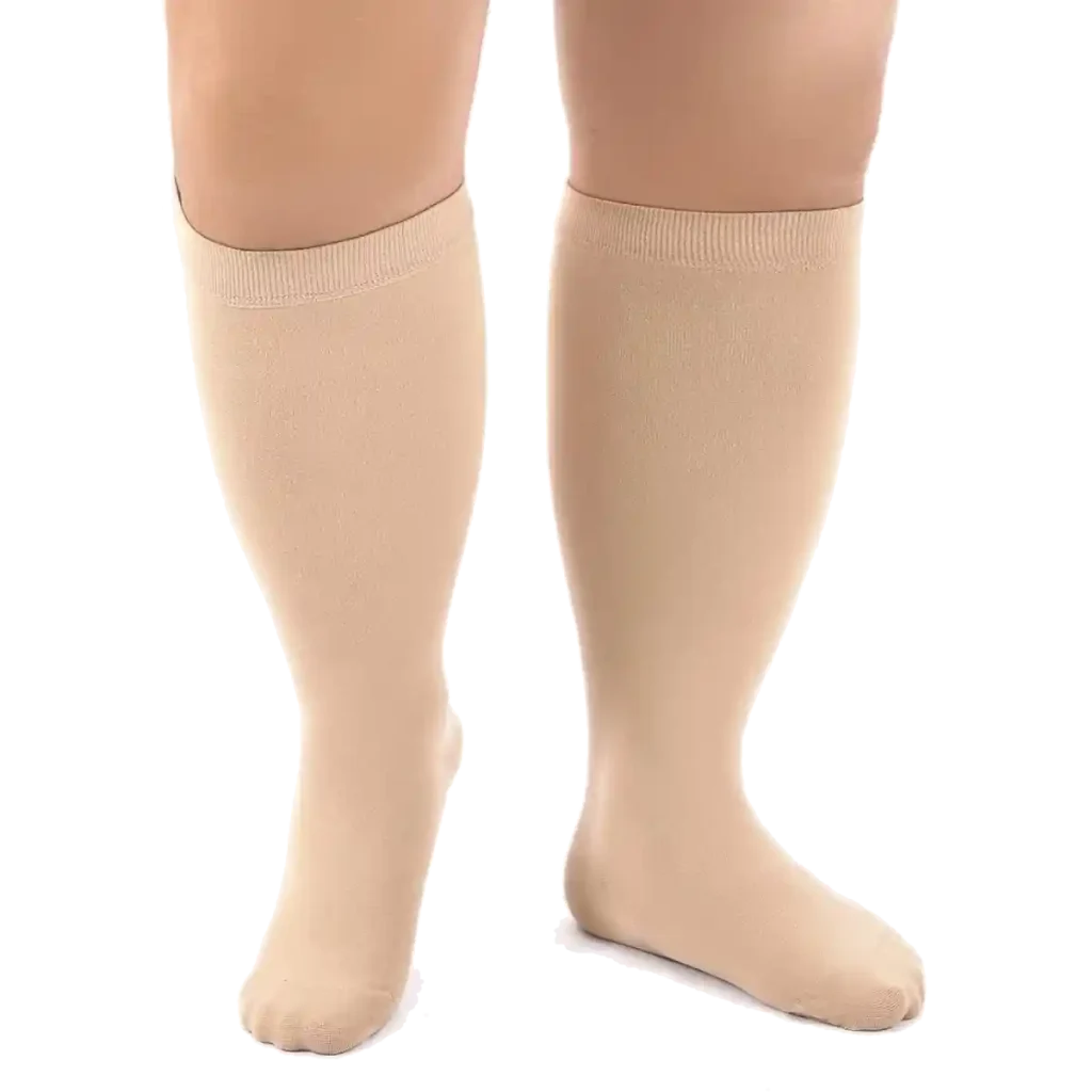 Plus size compression socks in a comfortable beige knee-high style.