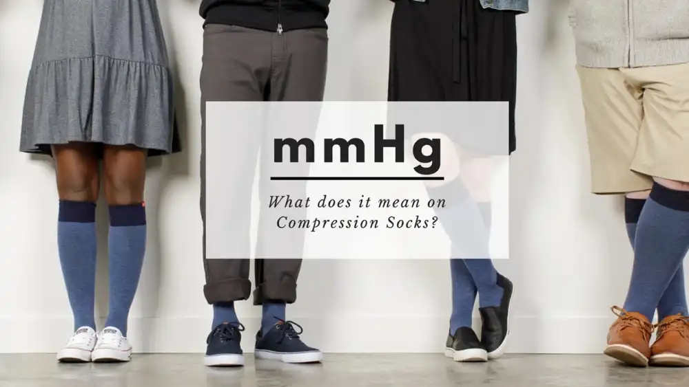 An image explaining "What does mmHg mean on compression socks?" with people wearing socks.