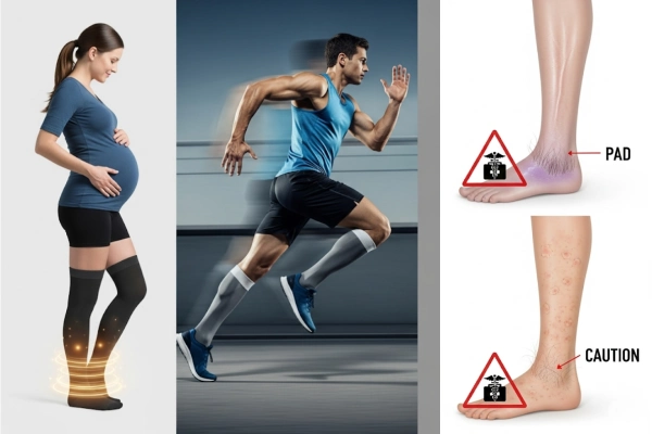 Illustration showing special considerations for wearing compression socks for pregnant women, athletes, and people with pad or skin conditions.