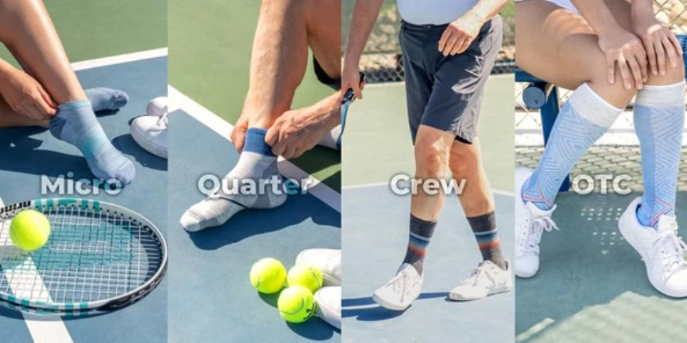 Compression socks scenario: Athletes wearing various lengths of compression socks: micro, quarter, crew, and over-the-calf styles.