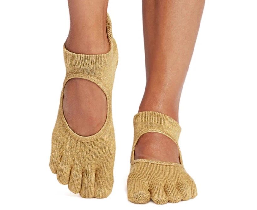Five-Toe Pilates Grip Socks, gold, with open instep