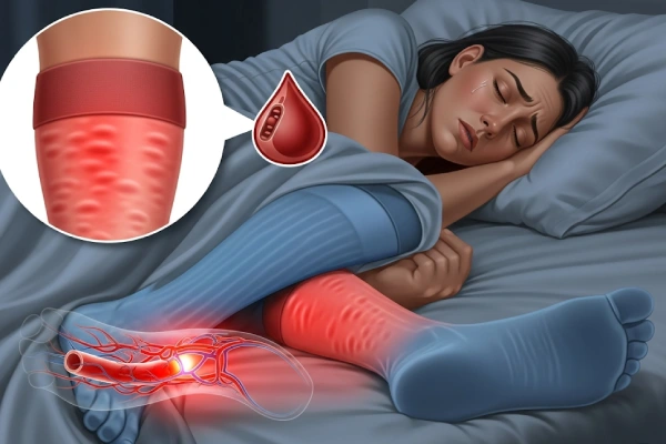 A person sleeping uncomfortably with tight compression socks, highlighting risks like poor circulation and blood clots.