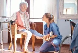 senior woman rehabilitation and help for foot injury