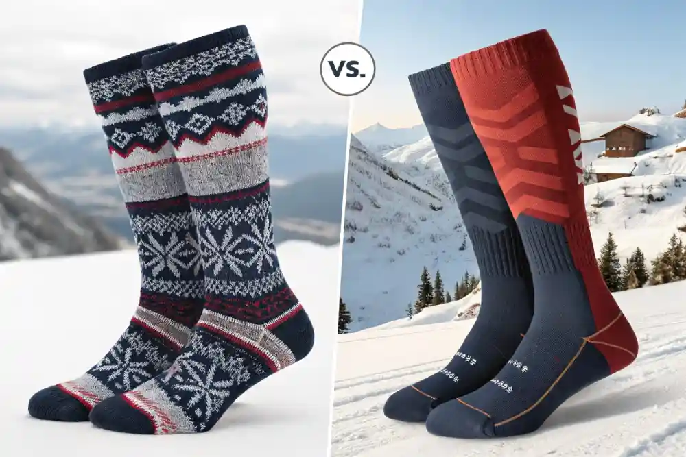 Ski socks vs compression socks comparison with patterned and athletic styles.