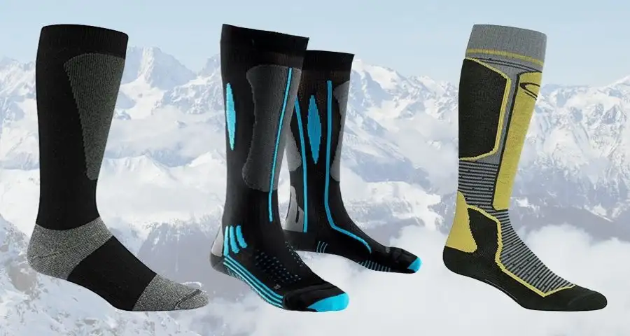 Ski socks in black, blue, and yellow designs for winter sports.