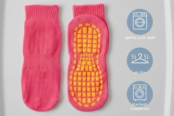 Care flat lay grip socks turned inside out with gentle cycle and air dry instructions