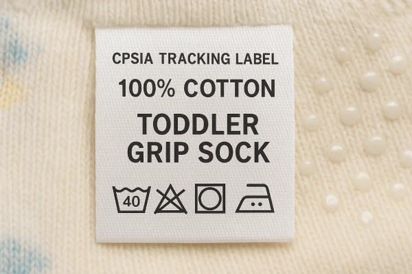Close up of toddler sock care label showing fiber content and safety compliance