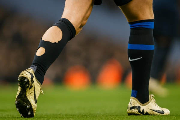 Cut football sock on left leg vs intact custom sock on right leg