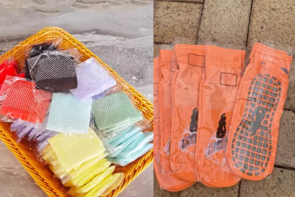 Disposable vs reusable trampoline socks, each packaged as one pair in clear sealed bags