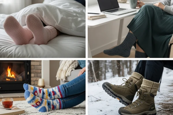 Fuzzy socks worn for sleeping, working from home, relaxing by the fire, and winter warmth.
